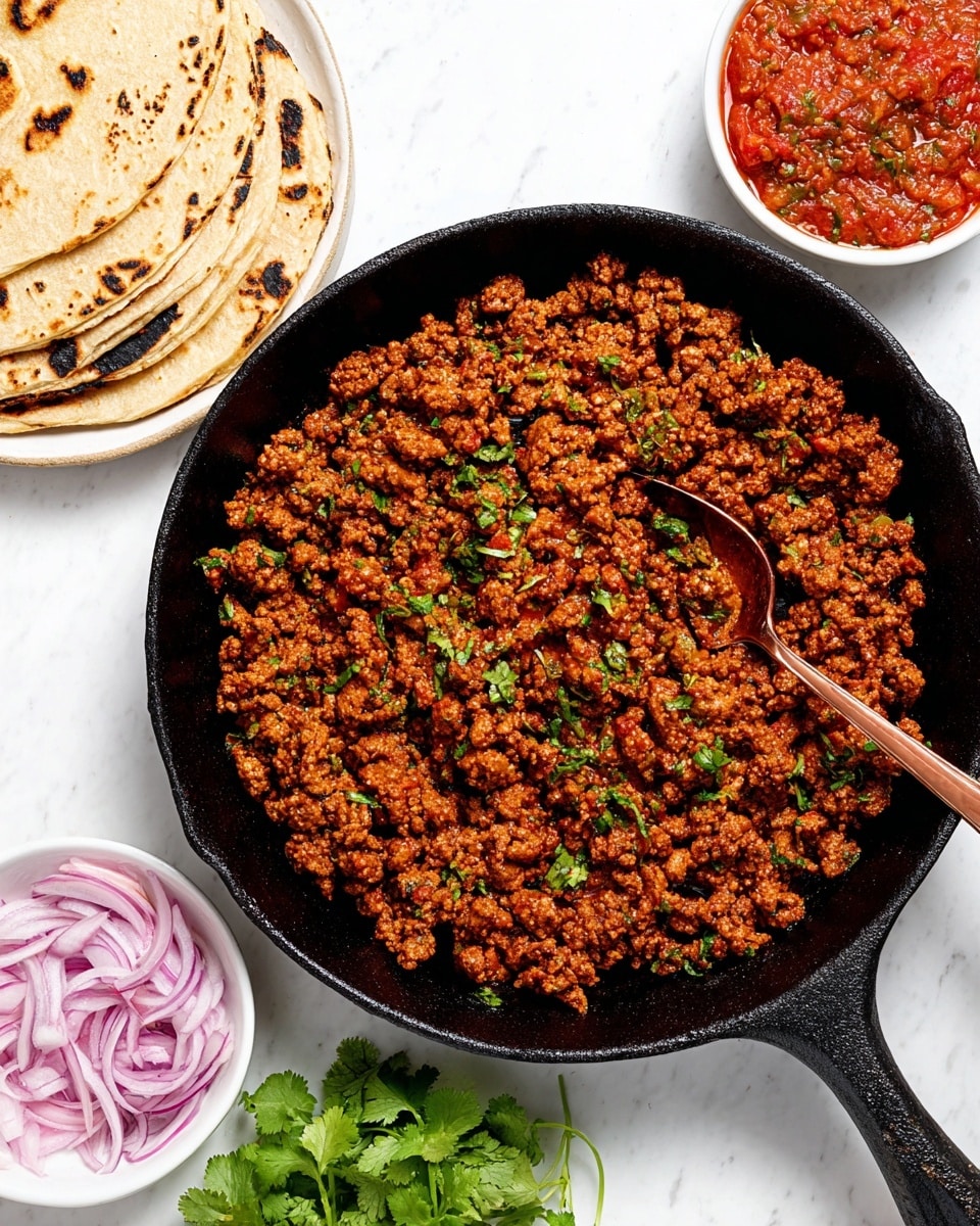 The image shows six steps of cooking a ground meat dish starting with a white bowl filled with broth and separate small white bowls of tomato paste, oil, chopped onions, soy sauce, and spices on a white marbled surface. A black skillet over a wooden board contains diced onions heating in oil. Next, browned ground meat with rough texture mixes with softened onions in the skillet. Then, thick red tomato paste and liquid broth are added on top of the meat and stirred with a wooden spoon. The skillet now contains a fully cooked meat mixture with a deep reddish-brown color, garnished with chopped green herbs. In the final close-up, a spoon lifts the thick meat mixture out of the skillet, showing a moist, crumbly texture with fresh herbs scattered. Photo taken with an iphone --ar 4:5 --v 7