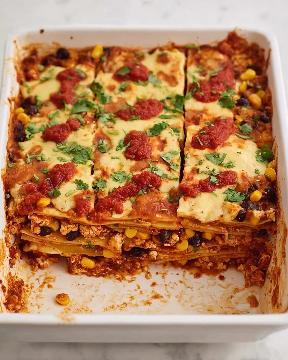A white baking dish holds a layered dish with about six visible layers. The bottom layers are light tan pasta sheets separated by thin layers of reddish tomato sauce mixed with crumbled beige tofu and black beans. Bright yellow corn kernels and more black beans are spread within the layers. The top layer is covered with a creamy, pale yellow sauce with dollops of red tomato sauce on top. Fresh green chopped cilantro is scattered on the surface, adding a fresh touch. The edges of the dish show some baked spots and sauce stains. The dish is placed on a white marbled surface. photo taken with an iphone --ar 4:5 --v 7