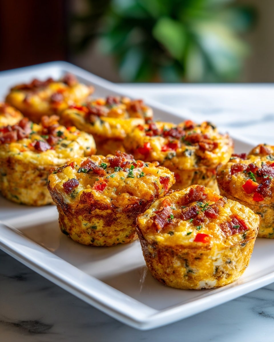 The image shows a white rectangular plate holding eight baked egg muffins arranged in two rows on a white marbled surface. Each muffin has a golden brown outer crust with a textured, slightly crispy top. The muffins contain visible layers of colorful ingredients like small red bell pepper pieces, green herbs, and bits of browned bacon scattered throughout both within and on top. The muffins’ interior looks soft, fluffy, and moist with a yellow-orange tint from the baked eggs and melted cheese. The background is softly blurred with hints of greenery, bringing focus to the muffins in bright, natural light. Photo taken with an iphone --ar 4:5 --v 7