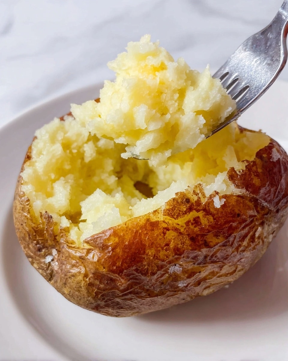 A close-up of a baked potato with a crispy brown skin, cut open and filled with soft, fluffy yellowish mashed potato inside. A spoon is scooping up a generous amount of the smooth potato filling, showing its light, slightly grainy texture. The potato rests on a white plate with a white marbled surface in the background. photo taken with an iphone --ar 4:5 --v 7
