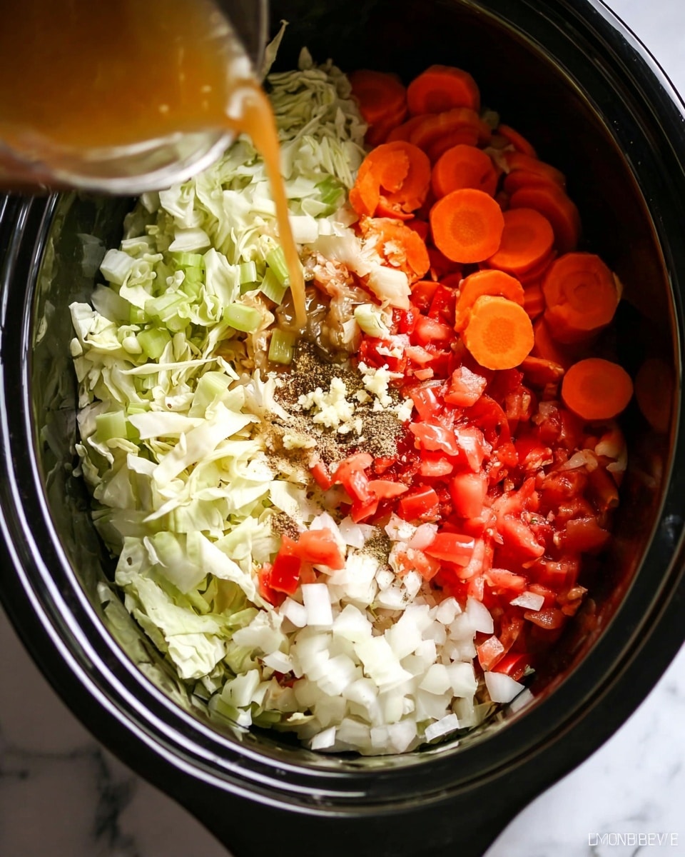 This image shows a black slow cooker filled with many layers of chopped vegetables. At the bottom right, there is a layer of red chopped tomatoes mixed with small white pieces of onion. Next to it, on the right side, is a layer of light green chopped cabbage leaves. Above the cabbage, there are round slices of bright orange carrots. On the left side near the top, there are small pieces of light green celery. Above the celery and next to the carrots, there are small white pieces of onion. In the center, some spices and minced garlic rest on top of the vegetables. A liquid is being poured from the left side into the cooker. The scene is set on a white marbled surface. photo taken with an iphone --ar 4:5 --v 7