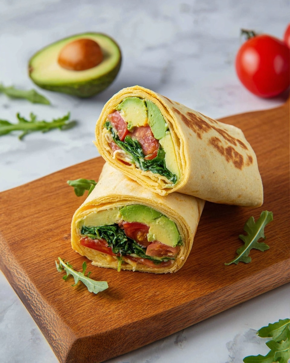 A wrap cut in half is placed on a wooden board, showing two layers inside each piece. The outer layer is a soft, golden-yellow flatbread with light browning spots. Inside, the first visible layer is green leafy spinach, followed by slices of light green avocado, then bright red tomato pieces, and finally a pale yellow shredded cheese layer closest to the bread. Around the board, there are a few green arugula leaves, half an avocado with a brown pit, and two red tomatoes on a white marbled surface. Photo taken with an iphone --ar 4:5 --v 7