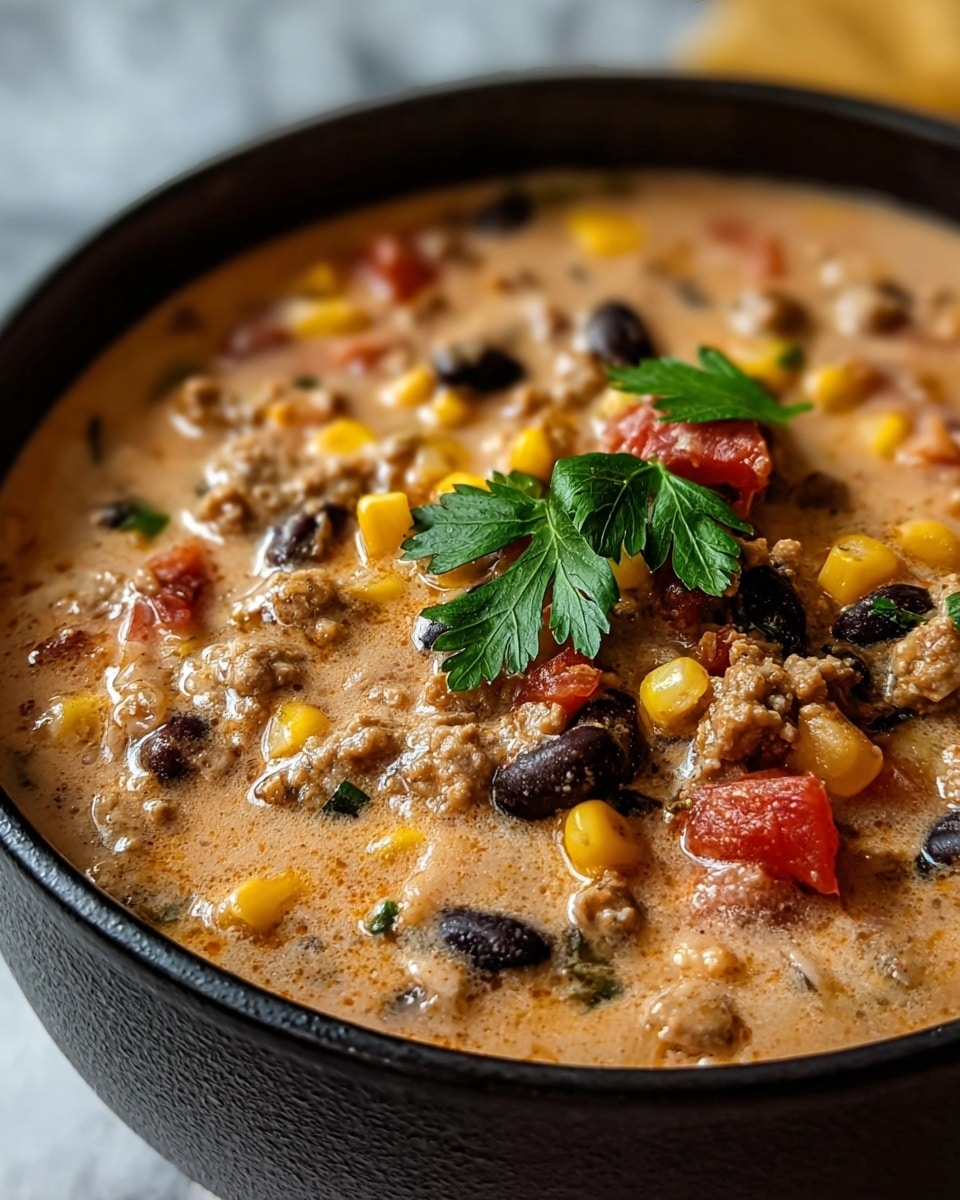 The image shows a close-up of a thick stew in a dark bowl filled to the top. The stew has a creamy, light brown base with visible chunks of ground meat, yellow corn kernels, black beans, and red tomato pieces mixed throughout. A few fresh green parsley leaves sit on top, adding a splash of color. The bowl rests on a white marbled surface lightly blurred in the background. The texture looks rich and hearty with a mix of smooth sauce and chunky ingredients. photo taken with an iphone --ar 4:5 --v 7