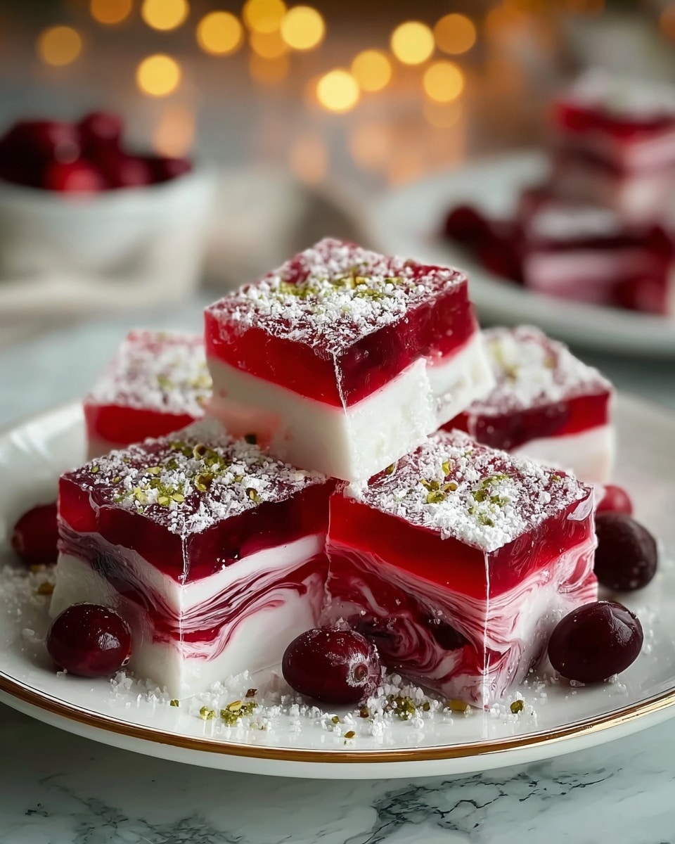 The image shows a close-up of several square, pink Turkish delight pieces covered lightly with white powdered sugar. Each piece has a soft, slightly translucent texture with visible bits of red fruit or berry inside. The Turkish delight squares are stacked in a small pile on a white plate, with a few whole red cranberries and light green pistachios scattered around the base of the stack. The background is a white marbled texture. photo taken with an iphone --ar 4:5 --v 7
