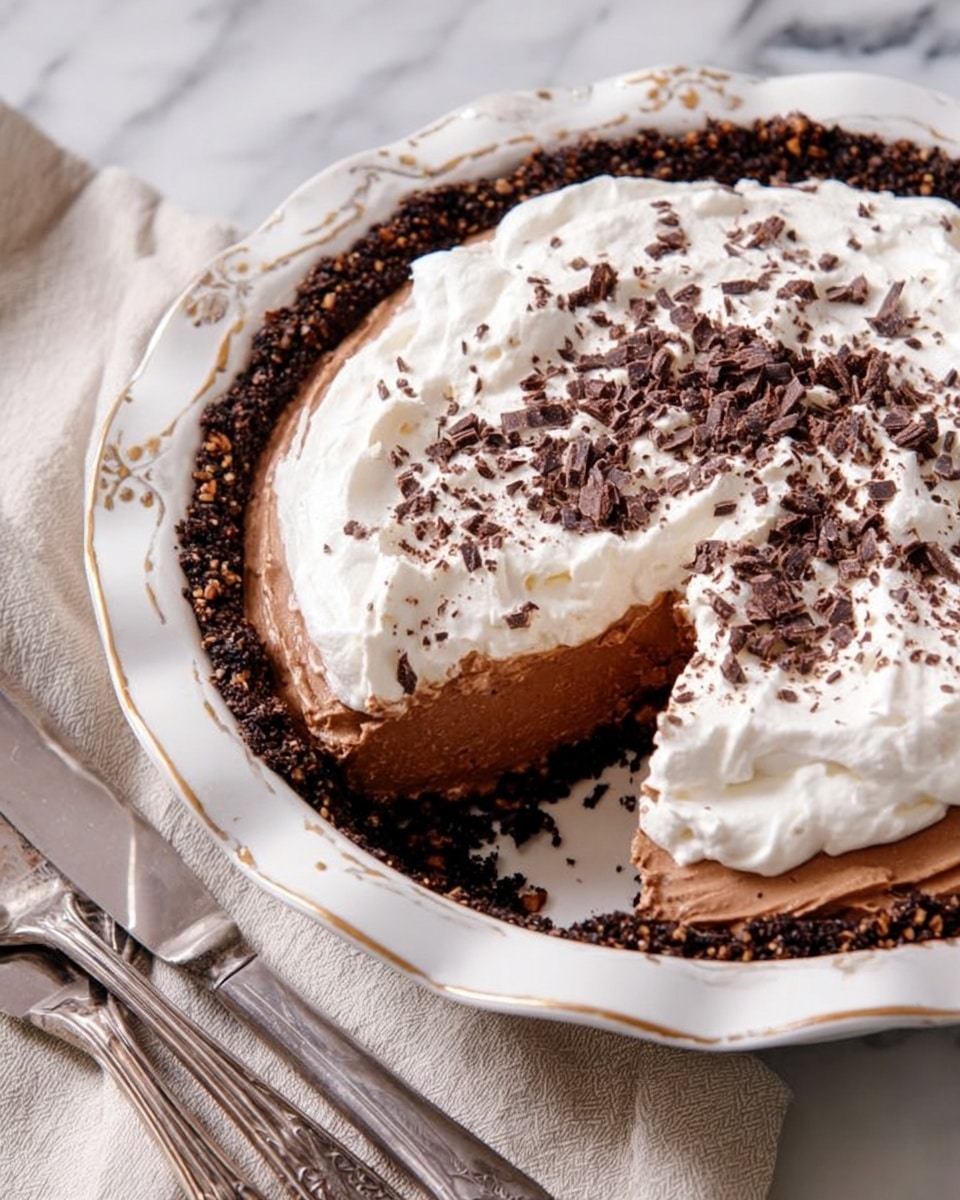 The image shows a creamy pie with three layers on a white plate with a gold pattern. The bottom crust is dark brown and looks like it has nuts mixed in, giving it a rough texture. The next layer is a smooth, light brown chocolate filling that fills the pie almost to the top. On top of this is a thick, fluffy white whipped cream layer that covers the chocolate filling fully. The whipped cream is sprinkled with small, dark chocolate shavings, adding texture and contrast. The pie is placed on a white marbled surface with a beige cloth and two silver, ornate knives beside it. photo taken with an iphone --ar 4:5 --v 7
