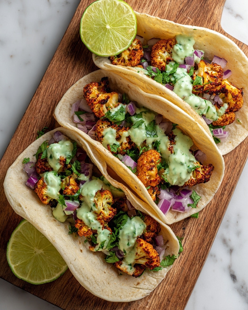 Three tacos are placed on a white plate with slightly charred edges, each filled with layers starting with chopped purple onions and green leafy vegetables at the bottom. On top of this lie golden-brown roasted cauliflower florets with visible char marks. The cauliflower is covered with a drizzle of creamy green sauce sprinkled with finely chopped herbs. The plate sits on a white marbled surface, with a halved lime beside the tacos for garnish. photo taken with an iphone --ar 4:5 --v 7