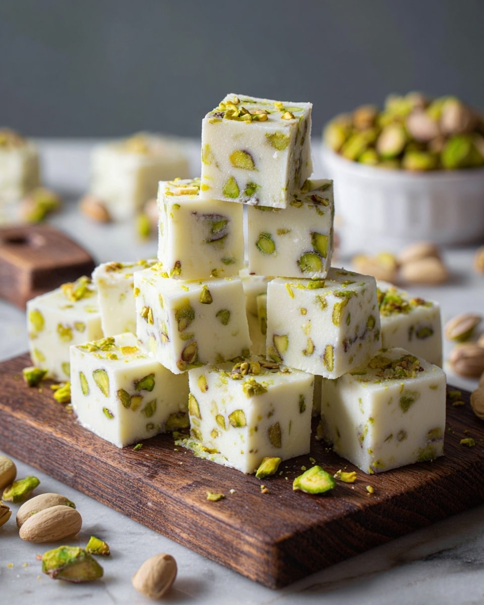 The image shows a stack of nine white fudge cubes with green pistachio pieces mixed throughout and on top, arranged in a pyramid shape on a dark wooden board. The fudge has a smooth and creamy texture with bits of pistachio giving it a speckled green and light brown appearance. A few pistachio nuts are scattered around the board and in a white bowl blurred in the background. The whole scene is set on a white marbled texture surface. photo taken with an iphone --ar 4:5 --v 7
