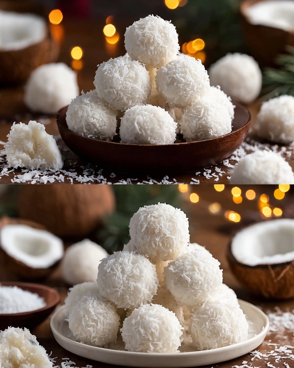 The image shows two sets of round white coconut balls, each with a fluffy texture from shredded coconut covering the surface. The top part displays about nine coconut balls inside a dark brown wooden bowl, with some balls placed around the bowl on a brown wooden surface sprinkled with shredded coconut. One ball in front has a bite taken out, showing its soft white inside. The background has warm, blurred lights adding a cozy feel. The bottom part shows a white plate full of coconut balls, stacked in layers, each ball closely packed with a textured, snowy coconut exterior. Around the plate are halved coconuts and small bowls, all set on a brown wood surface. The whole scene has a fresh and natural vibe. photo taken with an iphone --ar 4:5 --v 7