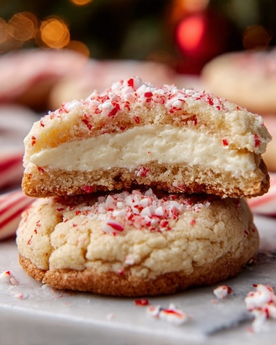 A white plate holds two layers of soft round cookies, each cookie light cream in color with subtle pink swirls and small red sugar crystals sprinkled on top. The cookies have a slightly cracked texture, showing their softness. Behind the plate, a white cup filled with red and white striped candy canes is visible, with silver glittery snowflake decorations on each side, all set against a white marbled surface. The photo taken with an iphone --ar 4:5 --v 7