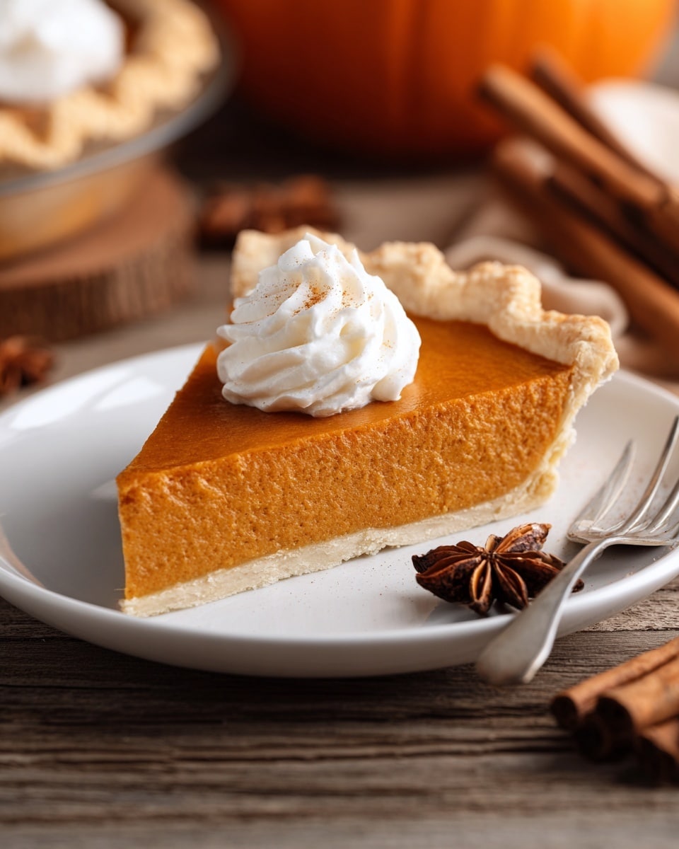 A single slice of pumpkin pie sits on a white plate, showing three distinct layers: a light golden, flaky crust at the bottom and edge, a thick, smooth, orange pumpkin filling with tiny specks, and a small dollop of white whipped cream on top center with a soft swirl texture. The plate rests on a wooden surface with cinnamon sticks and a star anise nearby, and a fork is placed to the right of the plate. In the blurred background, a whole pumpkin and more pie can be seen. Photo taken with an iphone --ar 4:5 --v 7