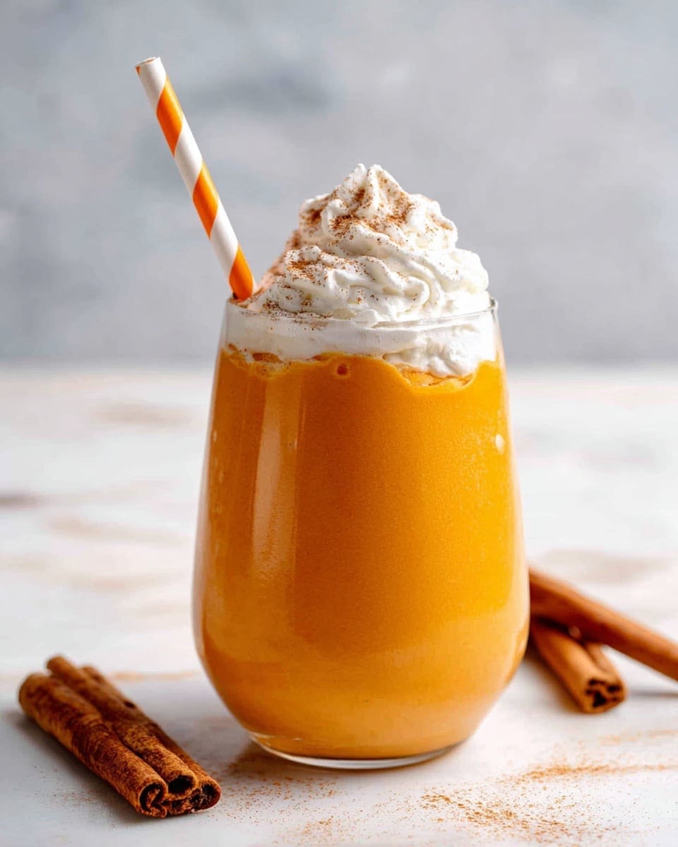 A clear glass holds a layered drink with a smooth, bright orange base filling most of the glass. On top, there is a thick dollop of whipped cream, white in color with soft swirls, sprinkled with a light brown spice. A striped orange and white straw is inserted into the drink, leaning slightly to the left. The glass is placed on a white marbled surface, and in the background, there are out-of-focus cinnamon sticks lying on the surface. Photo taken with an iphone --ar 4:5 --v 7