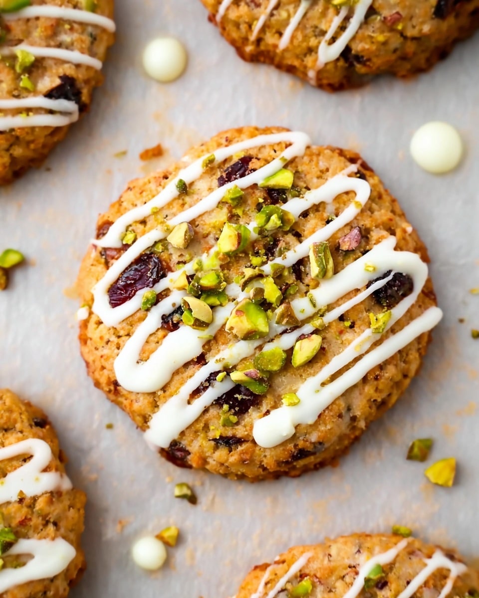 A stack of round, light brown cookies with a slightly rough texture sits on a white marbled surface. Each cookie is drizzled with white icing in a crisscross pattern, creating thin lines that cover the top. Small chunks of green pistachios and bits of dark red dried fruit are scattered evenly over the icing, adding a pop of color and texture to the cookies. The cookies are closely stacked, showing their thickness and soft, crumbly surface. In the background, part of a white plate with dark red berries is visible, adding contrast to the scene. photo taken with an iphone --ar 4:5 --v 7