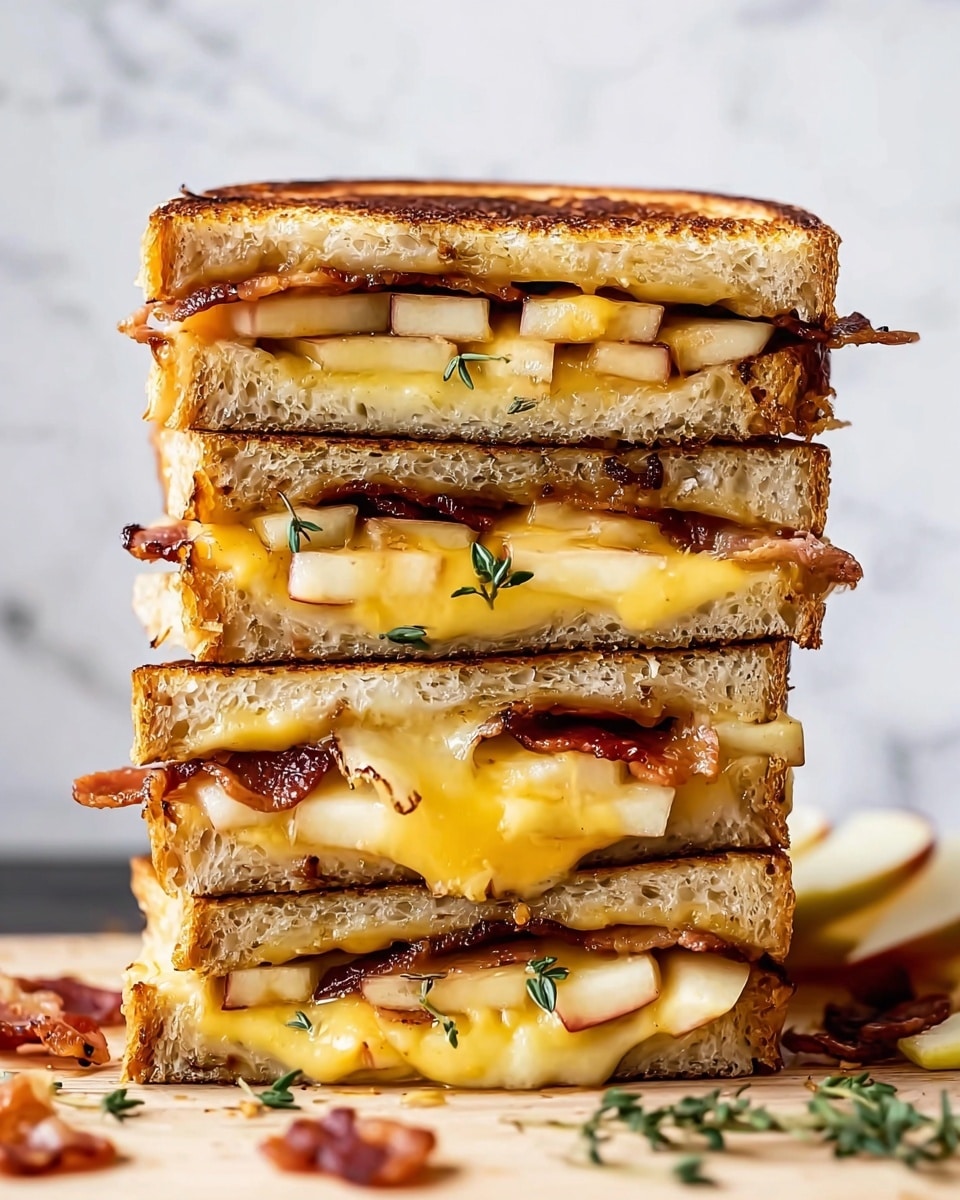The image shows a stack of four grilled cheese sandwiches, each cut in half and piled on top of each other. Each sandwich has thick slices of toasted golden-brown bread with a slightly crispy texture on the outside. Inside each sandwich, there are layers of melted yellow cheese, crisp bacon strips with a reddish-brown color, and thin slices of light-colored apples. The sandwiches sit on a light-colored wooden surface with small pieces of bacon and green herbs scattered around. The background has a white marbled texture. photo taken with an iphone --ar 4:5 --v 7