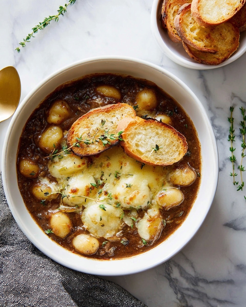 The dish shows golden-brown gnocchi coated in a thick, dark brown French onion sauce with visible soft caramelized onions mixed in. It is presented in two white bowls; the first bowl has about three layers: a base of rich brown sauce with gnocchi, a middle layer of melted golden yellow and light brown cheese bubbling on top, and a few sprigs of fresh green thyme scattered over. Small toasted, light golden brown crispy bread slices are placed on the side and partially on top for texture contrast. The second bowl shows a close-up view with similar layering and melted cheese pulling away slightly, with more thyme sprigs and bread slices around the edges. Both bowls sit on a smooth white marbled surface, and there is a soft blue-gray textured cloth nearby. photo taken with an iphone --ar 4:5 --v 7
