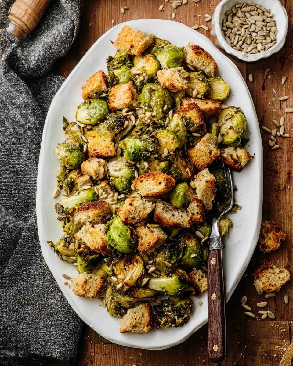 The image shows a white plate filled with a dish made of bright green Brussels sprouts that are halved and cooked, mixed with crispy, golden brown toasted bread pieces scattered all over. The Brussels sprouts have a slightly charred texture visible on some edges, while the bread pieces are chunky and crunchy looking. Small light brown sunflower seeds are sprinkled throughout the dish, adding texture and contrast. A knife with a brown wooden handle rests on the right side of the plate. The plate is placed on a wooden table with a gray cloth napkin beside it, and a small white bowl with sunflower seeds is partially visible near the top left corner. photo taken with an iphone --ar 4:5 --v 7