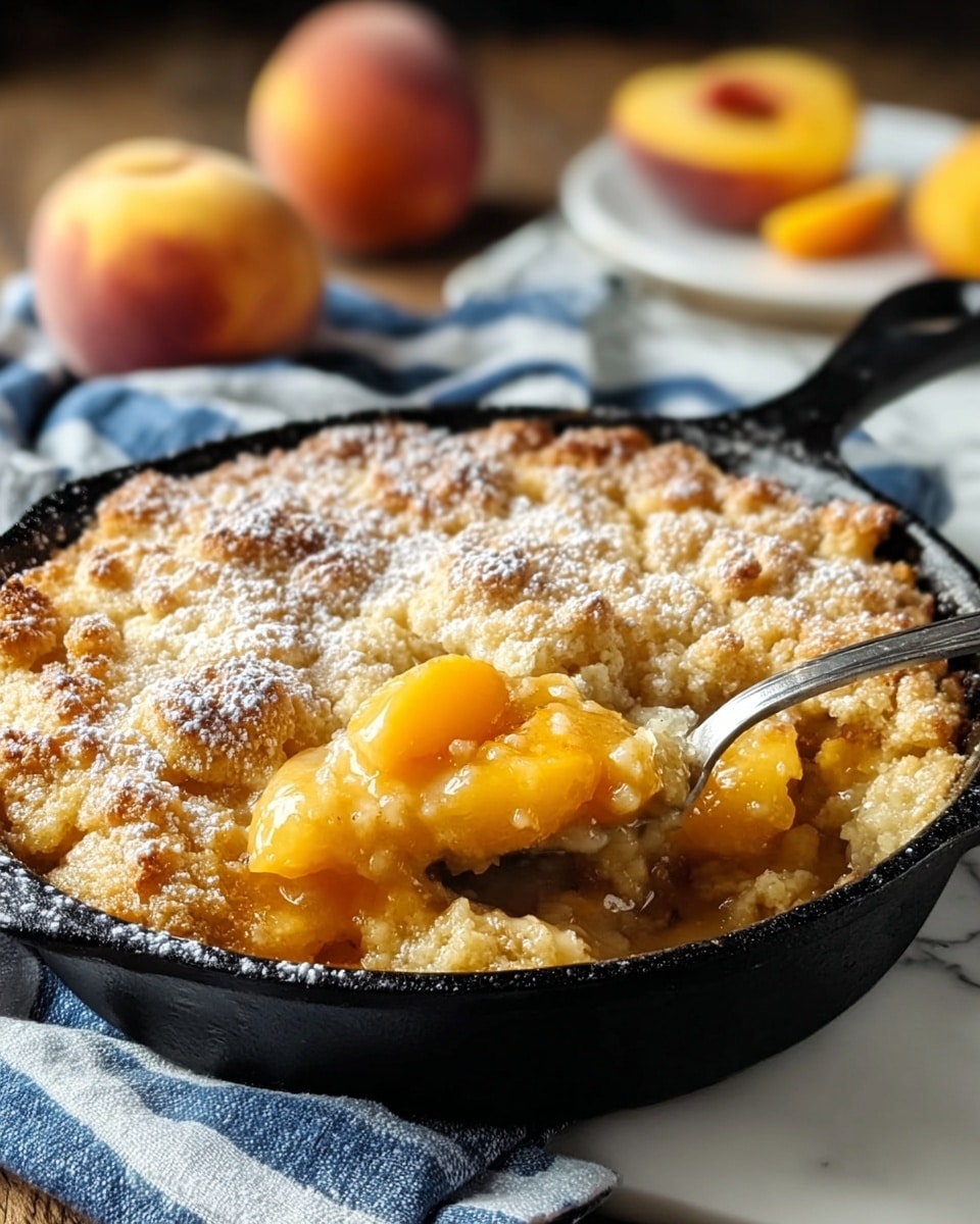 A warm peach cobbler sits in a black cast iron skillet on a white marbled surface, with a golden brown crust dusted lightly with white powdered sugar. The crust is thick and rough, covering the sweet peach filling beneath. The filling shows soft, juicy peach slices of bright orange-yellow color mixed with glossy syrup, visible through a gap in the crust near the front. In the background, several fresh peaches with fuzzy skin in shades of orange, red, and yellow are softly out of focus. A white ceramic bowl with a handle holds golden peach sauce, and a spoon rests inside it. The skillet is placed on a striped cloth with black, white, and gray stripes. photo taken with an iphone --ar 4:5 --v 7