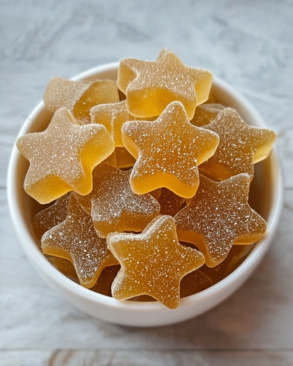 A white bowl filled with about two layers of translucent golden-yellow gummy candies shaped like stars with rounded edges; each candy has a slightly frosted surface texture with small white sugar-like specks giving a sparkling effect, and the bowl is placed on a white marbled textured surface, with a soft blurred background. photo taken with an iphone --ar 4:5 --v 7