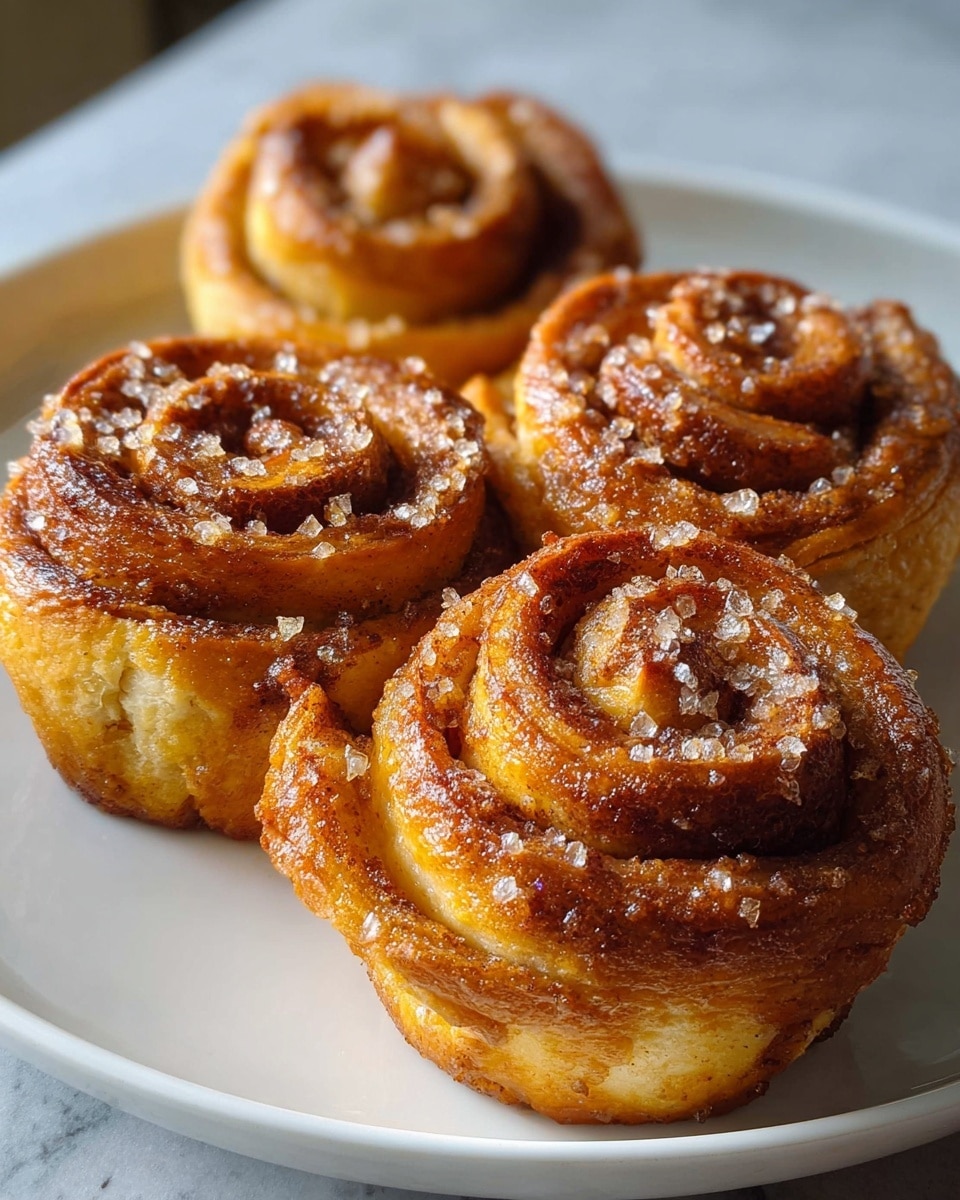 Four cinnamon rolls shaped like roses sit on a white plate. Each roll has many layers of soft, golden brown dough spiraled inward, with darker brown cinnamon filling between the layers. The tops are sprinkled with sparkling sugar crystals, giving a shiny and textured look. The rolls are placed closely together on the white plate, which rests on a white marbled surface. The lighting highlights the glossy sugar and the flaky texture of the dough. photo taken with an iphone --ar 4:5 --v 7
