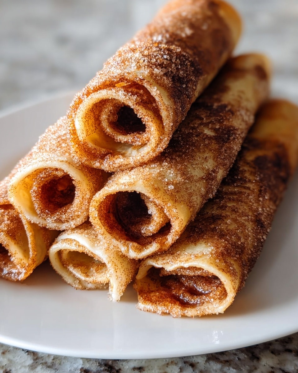 A close-up of five cinnamon sugar rolled crepes stacked in a small pile on a white plate. Each crepe is a light golden brown color and tightly rolled, with a visible dark cinnamon swirl inside. The outer surface is coated with a layer of sparkling cinnamon sugar crystals that add texture and a slightly grainy look. The plate sits on a white marbled surface. Photo taken with an iphone --ar 4:5 --v 7