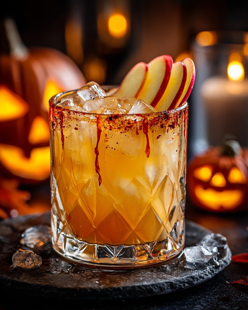 A short clear glass with a diamond pattern at the base shows a light orange drink filled with ice cubes, the rim coated with a dark red spice that drips down in streaks. On top, a thin slice of red and yellow apple rests against the ice. The glass sits on a round dark stone plate scattered with small ice pieces. In the blurred background, warm glowing lights and two small carved pumpkins with yellow glowing faces add a cozy, festive feel. photo taken with an iphone --ar 4:5 --v 7