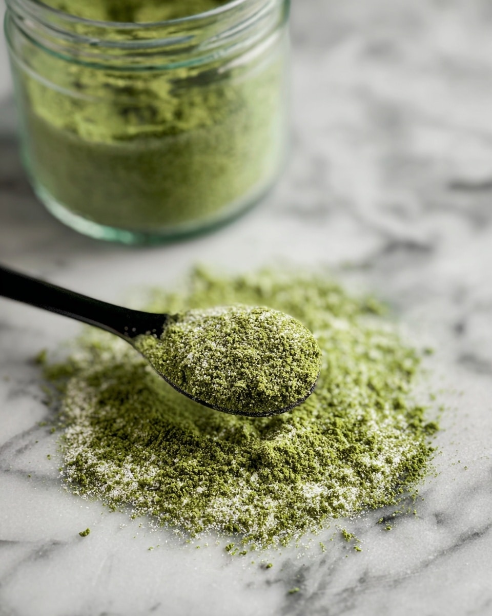This image shows a close-up of a small pile of green powder with a mix of coarse and fine texture on a white marbled surface. A black spoon rests on the powder, slightly lifting part of it, showing the grainy texture up close. In the blurry background, there is a glass jar filled with the same green powder. The colors are mainly green and white, with some gray from the spoon and the marbled surface. photo taken with an iphone --ar 4:5 --v 7