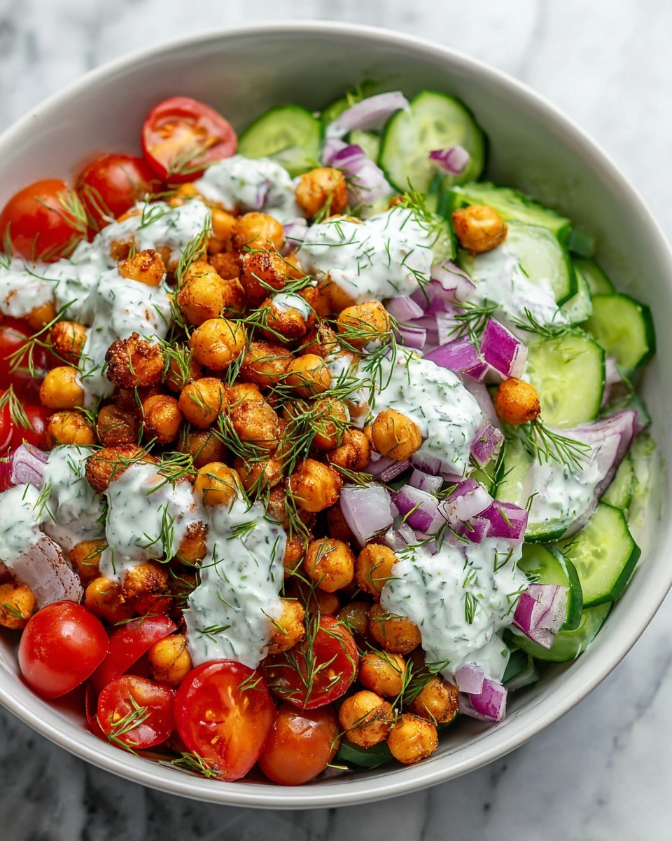 A white bowl filled with a colorful salad showing several layers: the base layer has sliced green cucumbers with fresh dill sprinkled on them, followed by a generous layer of golden-brown roasted chickpeas and halved bright red cherry tomatoes. There are scattered pieces of chopped purple onions on top, and dollops of white creamy yogurt sauce with green herb specks are spread over the chickpeas. The salad is vibrant with the mix of green, red, purple, and golden hues, all sitting on a white marbled surface. photo taken with an iphone --ar 4:5 --v 7
