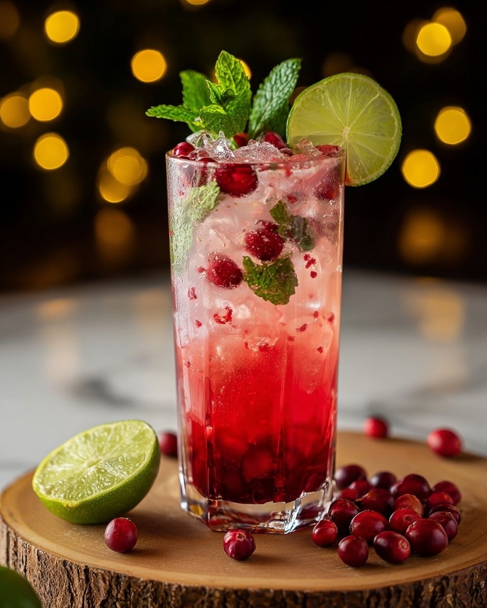 A tall clear glass filled with a bright red drink that has three visible layers: a deep red liquid layer at the bottom, a light pink middle layer mixed with ice cubes and floating red berries, and a top layer garnished with fresh green mint leaves and a thin slice of lime attached to the rim. The glass sits on a rough light wood round board with several red berries scattered around and half a lime placed beside it, all set against a white marbled surface with blurred yellow lights in the dark background. photo taken with an iphone --ar 4:5 --v 7