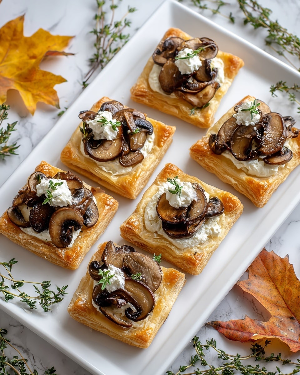 A white rectangular plate holds six square puff pastries arranged in two rows of three, each pastry showing three layers of golden-brown, flaky crust. On top of each pastry is a thin layer of creamy white cheese, followed by a pile of sautéed, shiny brown mushroom slices with slightly crisp edges. Dollops of soft, crumbly white ricotta cheese sit atop the mushrooms, garnished with small sprigs of fresh green thyme. The plate is placed on a white marbled surface, decorated with a few autumn leaves in shades of yellow and orange, and scattered fresh thyme sprigs, adding a natural and cozy touch to the presentation. Photo taken with an iphone --ar 4:5 --v 7