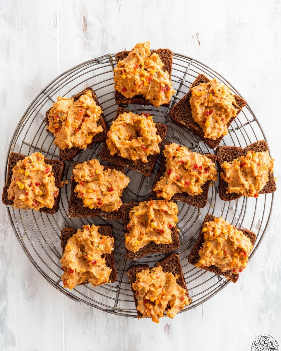 There are fifteen small, square pieces of dark brown bread arranged in a circular pattern on a metal cooling rack. Each bread piece has a thick, uneven layer of chunky, orange-brown spread on top, which has a slightly glossy texture and visible bits of ingredients like small red and yellow pieces. The setup is on a white marbled surface with a bright, natural light that highlights the textures and colors of the spread and bread. photo taken with an iphone --ar 4:5 --v 7