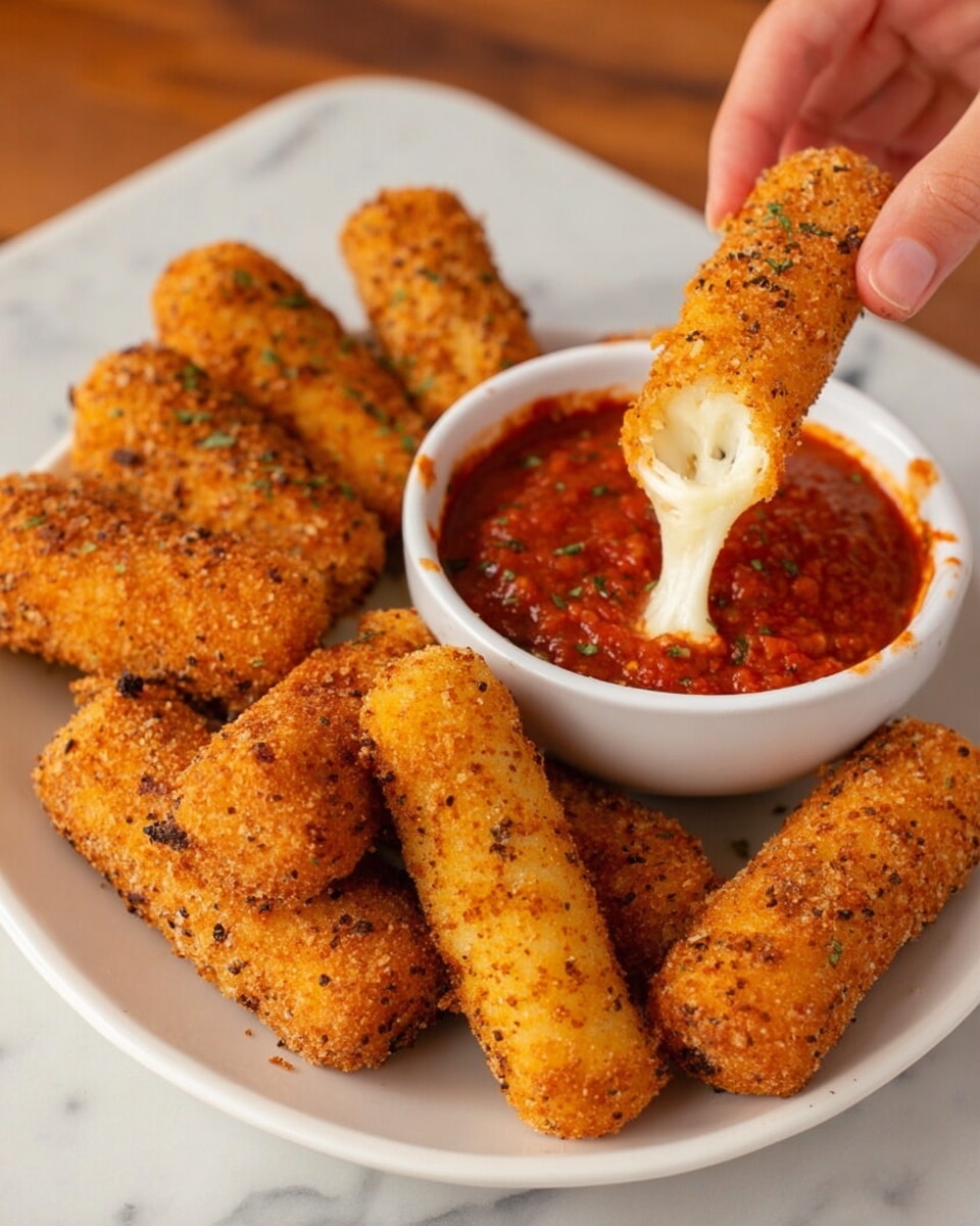 A white plate holds nine golden brown, crispy fried mozzarella sticks with a visible crunchy texture from the seasoned breading; one mozzarella stick is broken open, showing melted white cheese stretching inside. Next to the sticks, a small white bowl is filled with thick red marinara sauce with visible herbs and tomato bits. A woman's hand dips one mozzarella stick into the sauce. The background is a white marbled surface. photo taken with an iphone --ar 4:5 --v 7