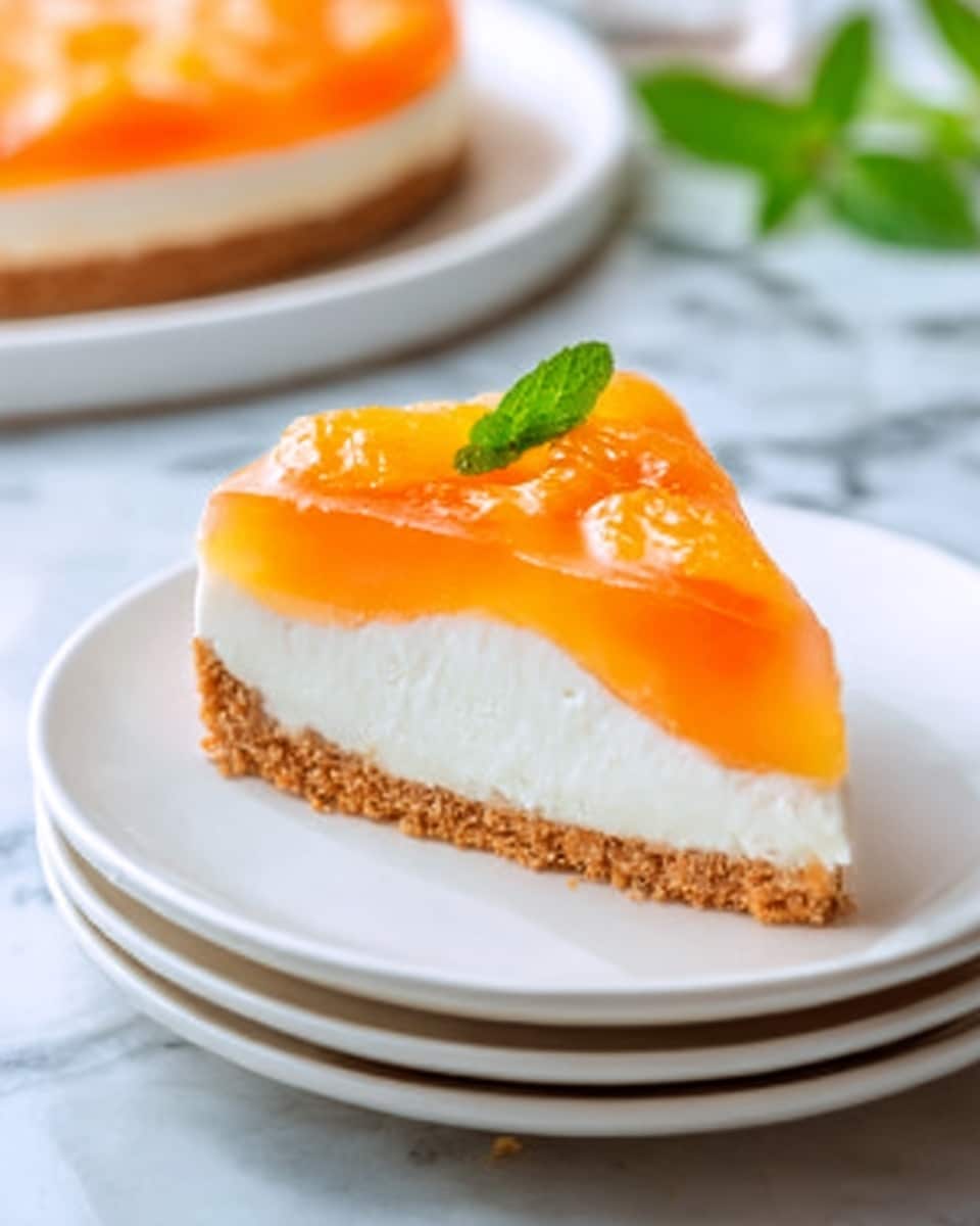 A slice of pie with three visible layers is placed on a white plate, which sits on a white marbled surface. The bottom layer is a crumbly brown crust with a rough texture. The middle layer is creamy and white, smooth in appearance. The top layer is bright orange and glossy, likely a fruit topping, with a smooth finish. On top of the pie slice, there is a small, fresh green mint leaf. In the blurry background, a woman's hand is reaching toward the plate. Photo taken with an iphone --ar 4:5 --v 7