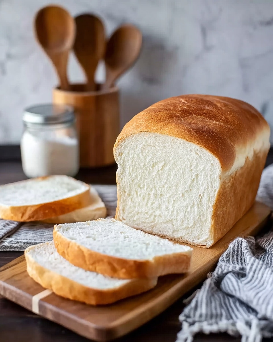 The image shows a loaf of white bread with smooth, golden-brown crust and soft, fluffy white inside. The bread is placed on a wooden cutting board with two slices cut and laid flat in front and to the side of the loaf. The background has a white marbled texture with some kitchen items blurred behind, including a wooden spoon holder and a jar with a metal lid. A cloth with gray and white stripes is partly visible to the right of the cutting board. Photo taken with an iphone --ar 4:5 --v 7