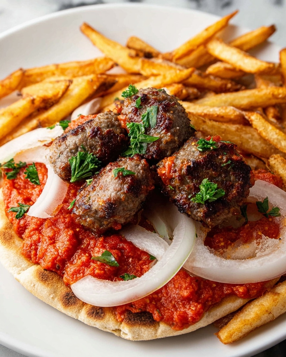 The image shows a white plate with a bed of light brown pita bread topped with a bright red chunky sauce spread at the bottom layer. On top of the sauce are three browned grilled meat pieces with a slightly rough texture, each garnished with a small green parsley leaf and some more of the red sauce. Under the meat and sauce layer are thin white onion slices placed in a circular shape. Around the pita and meat are golden brown crispy French fries scattered on the plate. The dish is set on a white marbled background. photo taken with an iphone --ar 4:5 --v 7