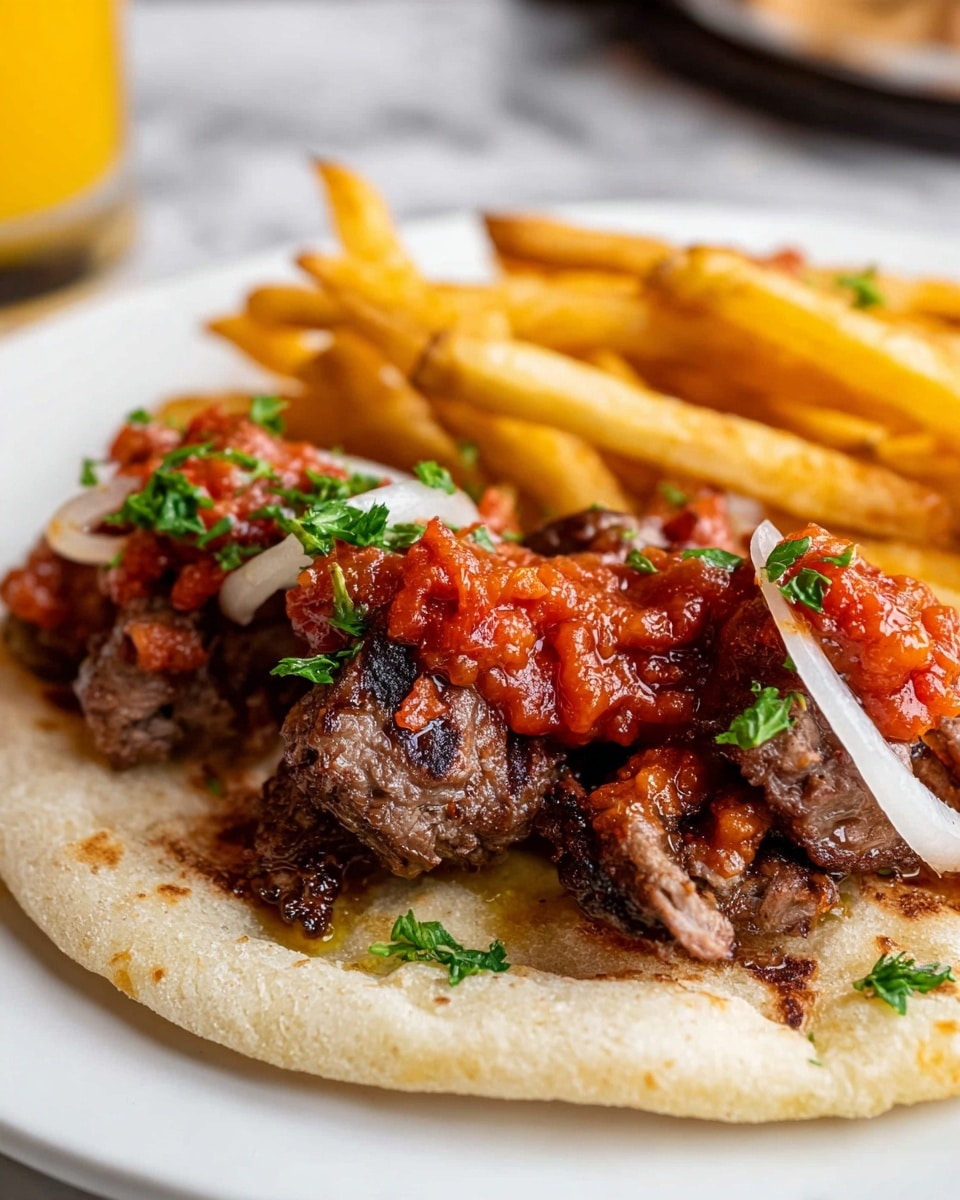 The image shows a white plate with several dark brown grilled meat pieces topped with chunky red sauce and small green parsley leaves. The meat sits on a light beige flatbread that has a rough texture, with a few white onion rings placed on top of the flatbread underneath the meat. Around the edges of the plate are some crispy golden-brown French fries. The plate is set on a white marbled surface, and in the background, there is a blurry glass of yellow liquid. Photo taken with an iphone --ar 4:5 --v 7
