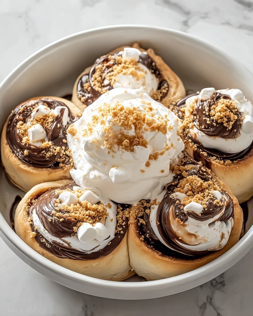 A white bowl filled with five light golden brown rolled buns arranged in a circle, each topped with a swirl of rich, dark chocolate and a layer of fluffy, white marshmallow with slightly toasted edges. In the center, there is a large dollop of white whipped cream sprinkled with light brown crushed crumbs. The bowl sits on a white marbled surface. photo taken with an iphone --ar 4:5 --v 7