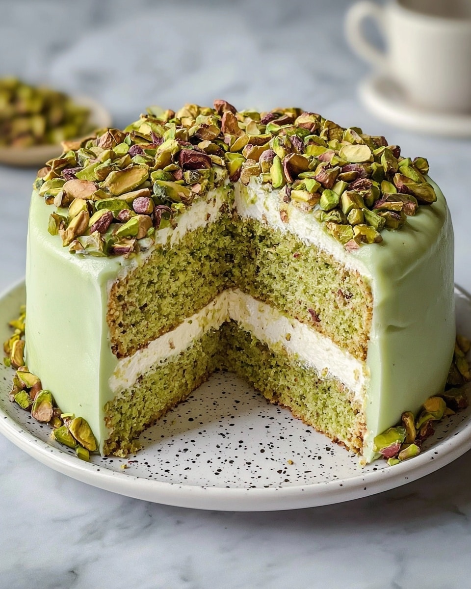 The image shows a two-layer pistachio cake with light green sponge layers separated by a thick white cream filling in the middle. The outside is covered with smooth, pale green frosting that has a slightly glossy texture. The top of the cake is covered with a generous layer of chopped pistachios in various shades of green and brown, some whole and some halved, adding crunch and color. The cake is placed on a white plate with black speckles and sits on a white marbled surface. Photo taken with an iphone --ar 4:5 --v 7