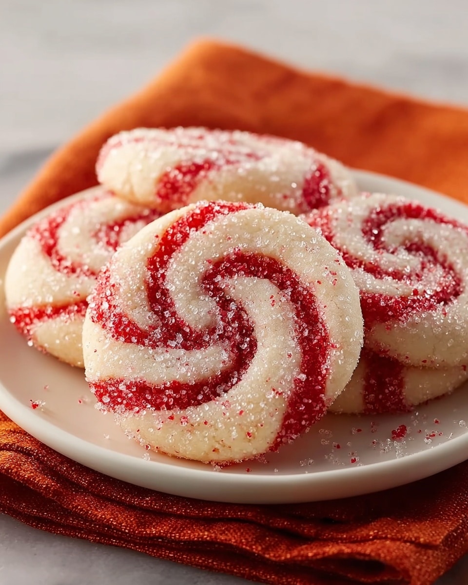 A white plate holds four round swirl cookies with two layers visible: a smooth white dough twisted with bright red candy stripes in a spiral pattern. The surface of each cookie is generously coated with a layer of coarse sugar crystals that sparkle, giving a frosty look. The plate sits on a folded orange cloth, all placed on a white marbled texture background. photo taken with an iphone --ar 4:5 --v 7