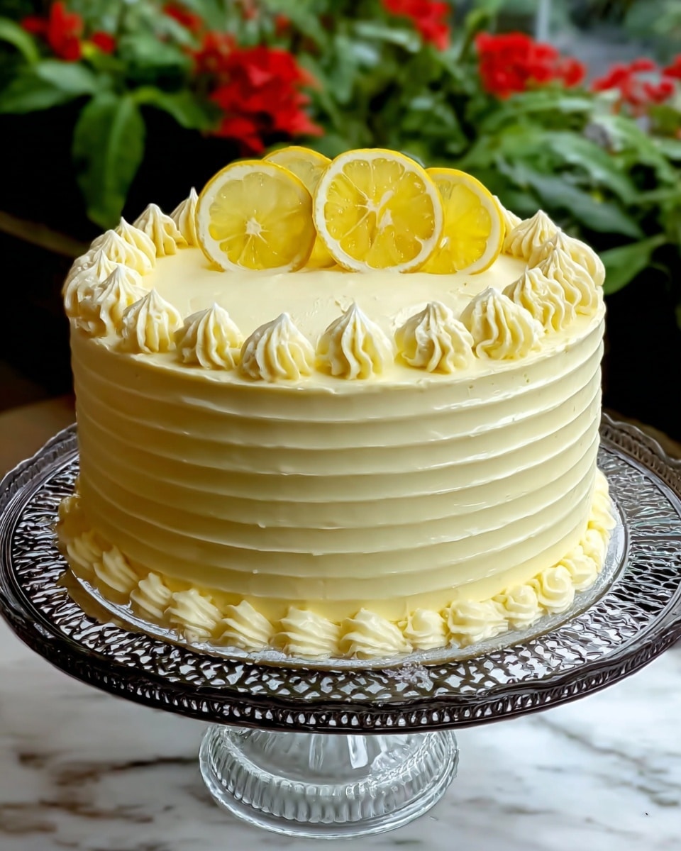 The image shows a round cake with five visible layers, each separated by smooth, pale yellow frosting. The sides of the cake are decorated with horizontal ridges of the same frosting, giving a textured look. On top, there is a border made of evenly spaced, swirled frosting dollops around the edge. In the center, three thin slices of lemon are placed in a small triangle. The cake sits on a clear glass cake stand with an ornate black metal base, all set on a white marbled table. The background is blurred green plants with a few red flowers. Photo taken with an iphone --ar 4:5 --v 7