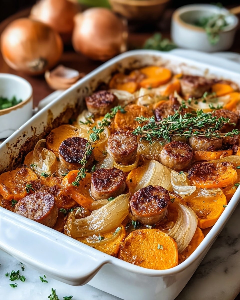 A white rectangular baking dish holds a baked meal with three visible layers: the bottom layer consists of thick orange slices of roasted sweet potatoes with a soft texture, the middle layer features semi-transparent, cooked onion chunks that are slightly caramelized, and the top layer has browned, round slices of sausage with a crispy outside. The dish is garnished with fresh green herbs like thyme and chopped parsley sprinkled on top, with a few sprigs resting in the center. The dish sits on a white marbled surface, with blurred background elements like brown onions and small bowls. Photo taken with an iphone --ar 4:5 --v 7