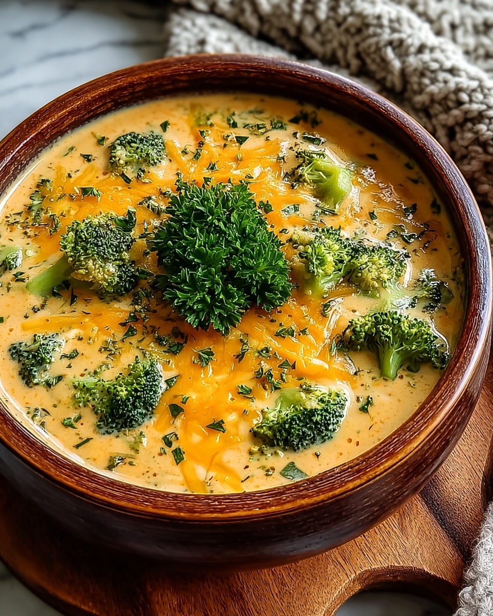 A wooden bowl filled with creamy broccoli cheddar soup is shown, with a rich, light yellow base that holds soft broccoli florets scattered inside and on top. Bright orange shredded cheddar cheese is sprinkled across the surface, melting slightly into the soup. Green parsley leaves decorate the soup, adding fresh color contrast, and a woman’s hand holds a metal spoon dipping into the soup on one side. The background features another similar bowl blurred out on a white marbled surface, adding warmth and focus on the soup bowl in front. photo taken with an iphone --ar 4:5 --v 7