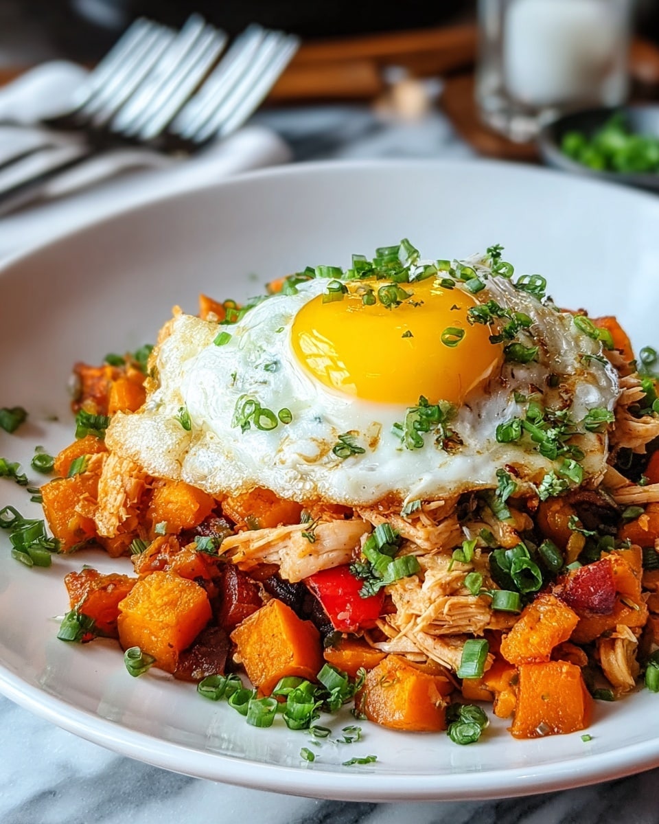 The dish shows a white plate holding a layered meal. At the bottom, there are small cubes of orange sweet potatoes mixed with shredded pieces of light brown chicken and bits of red bell pepper all cooked together. On top of this, a sunny-side-up egg with a bright yellow yolk sits in the center, its white edges slightly crispy and sprinkled with chopped green onions and fresh green herbs. The plate is on a white marbled surface, and some silver forks are blurred in the background. photo taken with an iphone --ar 4:5 --v 7