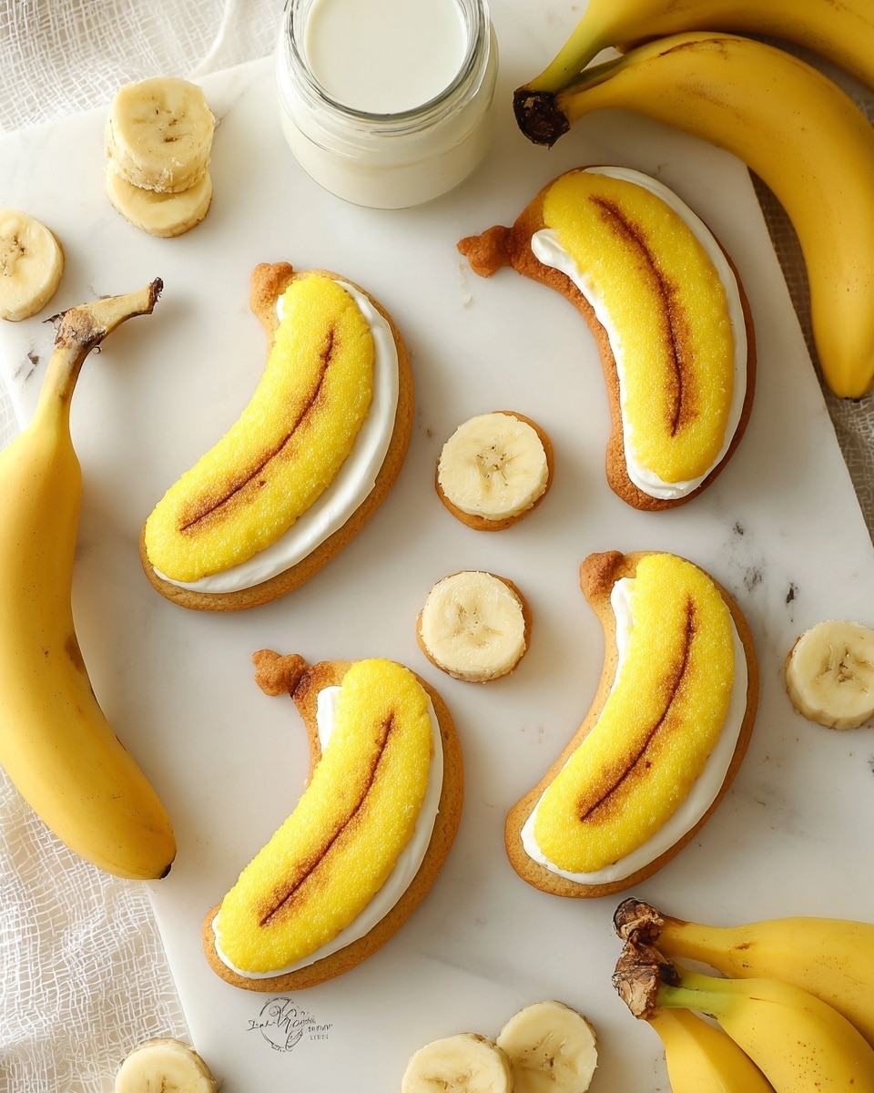 The image shows several banana-shaped cookies with a yellow color and dark brown spots to mimic banana peel details. Each sandwich cookie has two smooth, slightly curved cookie layers acting as the banana peel outer parts, while a white cream filling is piped between them in three round dollops. Around the cookies, slices of banana with a light yellow color and soft texture lay on the white marbled surface. The overall color scheme is warm yellow with brown spots and contrasting white cream and banana slices. photo taken with an iphone --ar 4:5 --v 7