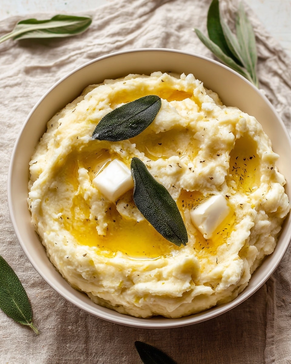 A white bowl holds a creamy mashed potato dish with a soft, fluffy texture. The mashed potatoes are pale yellow with melted butter pooled on top in small golden pools. Three fresh dark green sage leaves are placed on the surface of the potatoes, adding a pop of color. There are two small white pats of butter resting on top, partially melting into the warm mash. The bowl is set on a light beige textured cloth with some fresh sage leaves visible nearby. The photo taken with an iphone --ar 4:5 --v 7