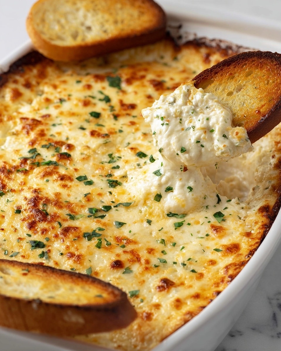 A white casserole dish filled with a creamy, golden-brown baked dip that has a bubbly and slightly browned top layer, garnished with small green herb bits scattered across the surface; a toasted bread slice is dipped into the thick, cheesy, and soft-textured dip, showing its rich and smooth inside, with another toasted bread slice resting nearby on a white marbled texture. photo taken with an iphone --ar 4:5 --v 7