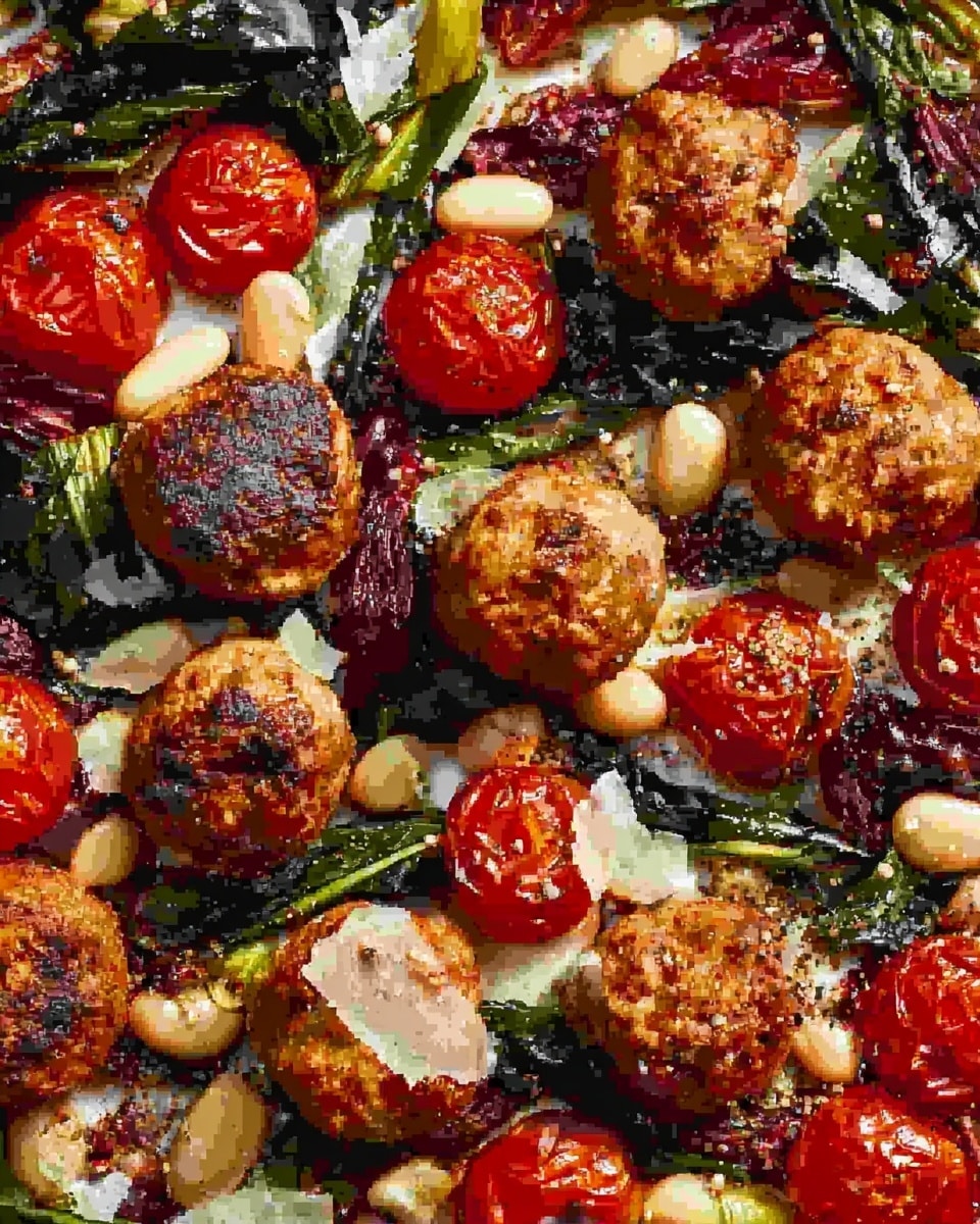 Close-up image of a dish showing about six browned crispy meatballs spread across the frame, each with a rough texture and slight glaze on top; surrounding the meatballs are bright red cherry tomatoes, some whole and others cut in half displaying their juicy seeds, along with creamy white beans scattered throughout. Dark green, wilted leafy vegetables are layered beneath and between the meatballs, with some melted white cheese strands draped over the ingredients, adding a creamy texture. The whole dish is sprinkled with black pepper, enhancing the colors and details against a white marbled background. Photo taken with an iphone --ar 4:5 --v 7