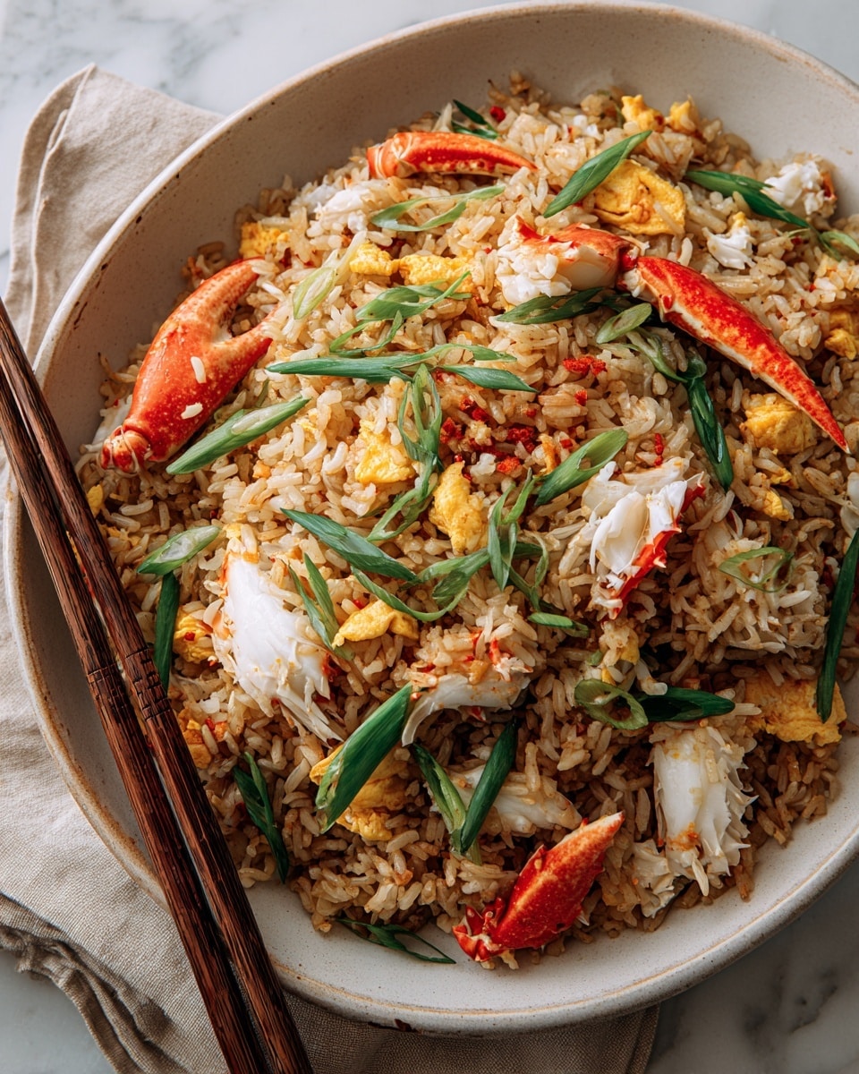 A close-up of a white, rustic ceramic bowl filled with crab fried rice. The dish has several layers including golden brown fried rice, mixed with chunks of white crab meat and bright orange crab claws. Scattered across the top are slices of green onion and small pieces of yellow scrambled egg, along with thin red chili slices. Dark brown wooden chopsticks rest diagonally on the bowl's edge. The bowl is set on a beige cloth over a white marbled textured surface. Photo taken with an iphone --ar 4:5 --v 7