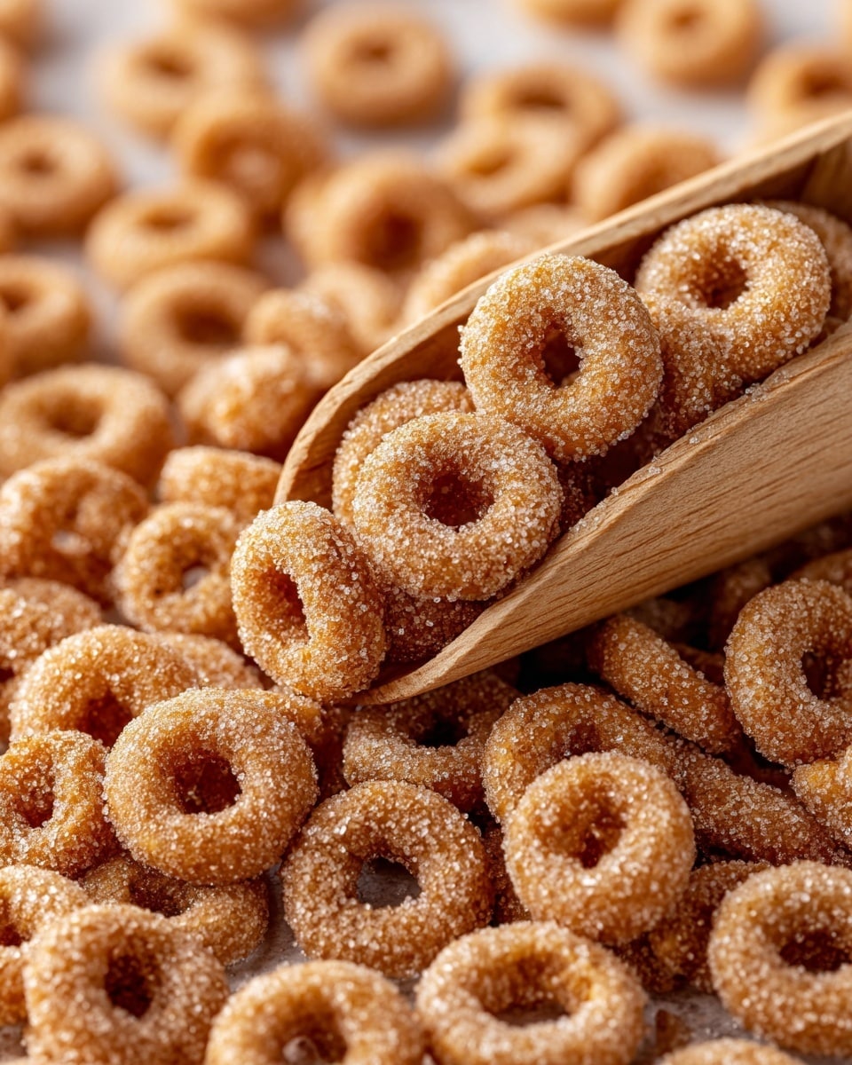 The image shows many small round cereal rings covered in a light layer of sugar crystals, giving them a sparkly texture. The rings are a warm golden-brown color with a slightly rough surface from the sugar. A wooden scoop is filled with the cereal and rests on top of the pile, lifting some rings to the front. The background has a soft focus but also shows more cereal rings scattered around, all on a white marbled surface. photo taken with an iphone --ar 4:5 --v 7