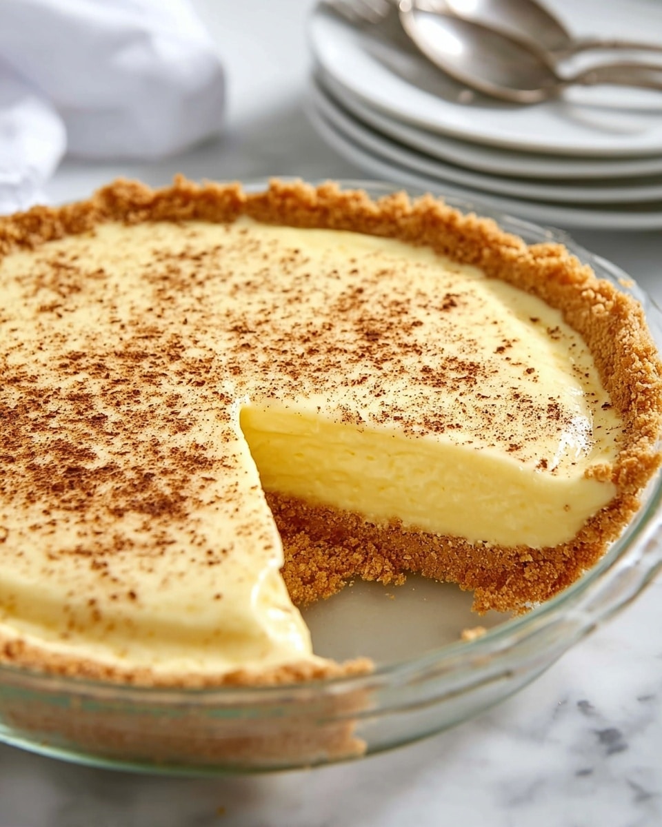 The image shows a creamy yellow pie with one slice missing, revealing a smooth, thick filling. The pie has two layers: a golden-brown crumbly crust on the bottom and sides, and a rich, soft custard-like layer on top sprinkled evenly with fine brown spices. The pie is in a clear glass pie dish resting on a white marbled surface. In the background, there is a stack of white plates and silver spoons, slightly out of focus. Photo taken with an iphone --ar 4:5 --v 7