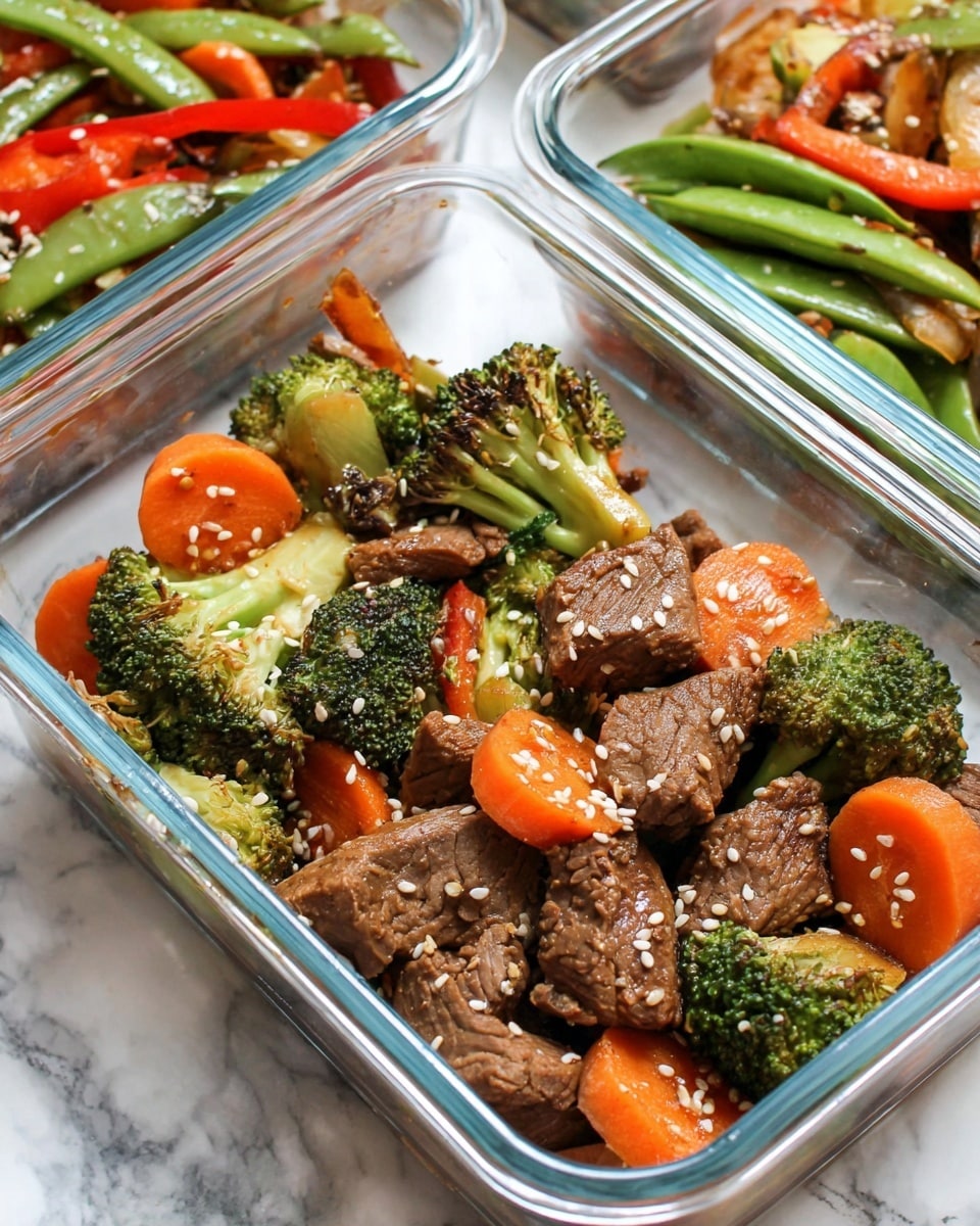 The image shows a clear rectangular glass container filled with a colorful stir-fry mix. The dish has three main layers: bright orange carrot slices that are thin and smooth, lightly browned green broccoli florets with a slightly rough texture, and medium-sized chunks of cooked brown beef with grill marks creating a slightly rough surface. The stir-fry is topped with a sprinkling of white and black sesame seeds. In the background, there are two similar glass containers partially visible with more mixed stir-fry including green snap peas and red bell peppers. The containers sit on a white marbled surface. photo taken with an iphone --ar 4:5 --v 7