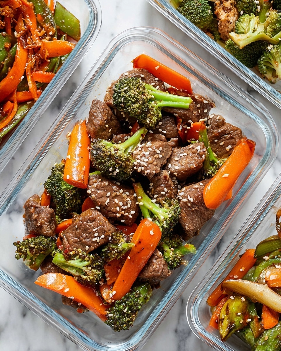 A clear rectangular glass container is filled with a colorful stir-fry mix, the base layer made of large chunks of cooked beef pieces that are brown and juicy, scattered evenly throughout. Mixed in between the beef are slices of bright orange carrots, thin and slightly curved, along with small green broccoli florets that have touches of golden brown from cooking. The whole dish is sprinkled with black and white sesame seeds, adding texture and small touches of contrast on top. The container sits on a white marbled surface with two other glass containers partially visible in the background, holding different vegetable and chicken stir-fries. photo taken with an iphone --ar 4:5 --v 7